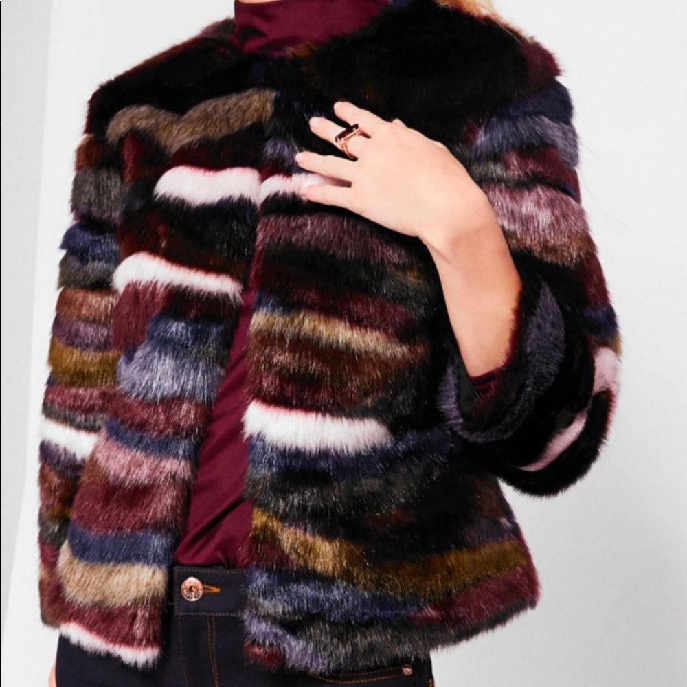 New Ted Baker brn Robarla Multiclr Faux Fur Jacket